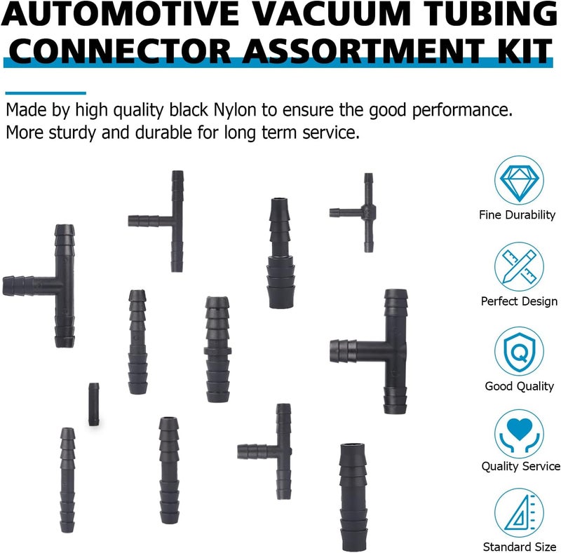 Easily 115 PCS Vacuum Connector Assortment Heat Resistance 240℃（460℉）12 Sizes Automotive Vacuum Tubing Connector Vacuum Tee Connector Assortment Kit (Black,Nylon) - Image 4